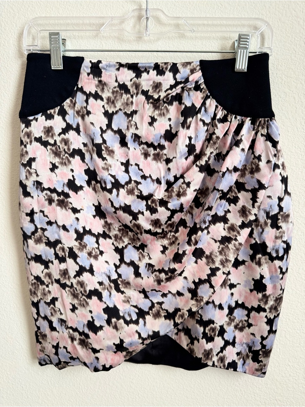 bebe Floral Wrap-Front Mini Skirt XS, Pink Blue Black Print